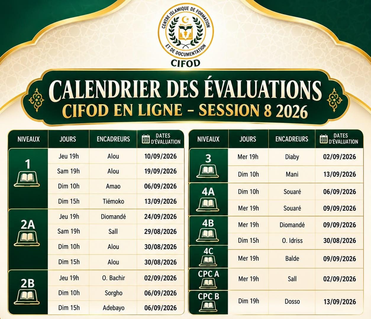 Calendrier des évaluations